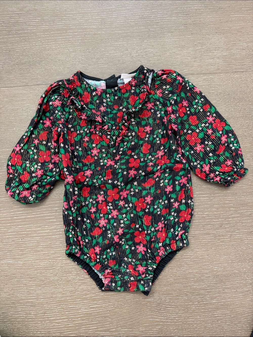 Floral Long-Sleeve Baby Bodysuit in Black, Red, Gold & Green